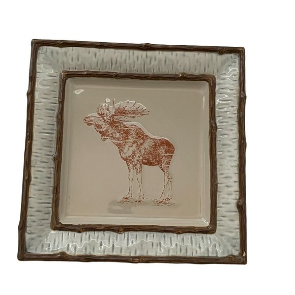 Homestudio Lake Cabin Dinner Plate Square Moose Rustic Embossed Stoneware 11" - Picture 1 of 12